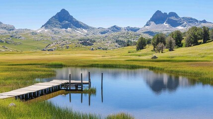 Fototapeta premium Mountain lake pier, serene landscape, summer, reflection, travel postcard
