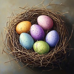 Obraz premium Experience the gentle beauty of Easter with a nest of vibrant eggs, illustrated using fine lines and a harmonious blend of soft colors, capturing artistic elegance.