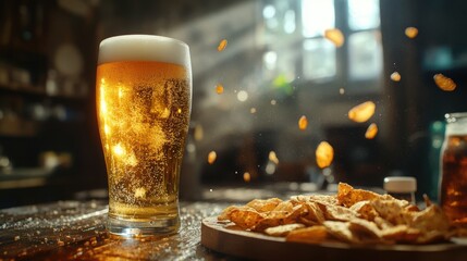 Cold beer with roasted peanuts, on wooden table, Still Life style