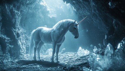 A vivid portrayal of a unicorn with magical crystals, suitable for mystical and healing themes