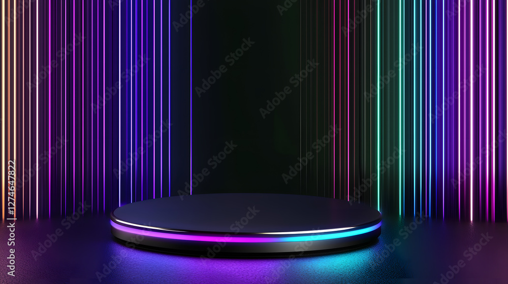 Poster dynamic stage display virtual studio digital art modern environment eye-level viewpoint colorful con