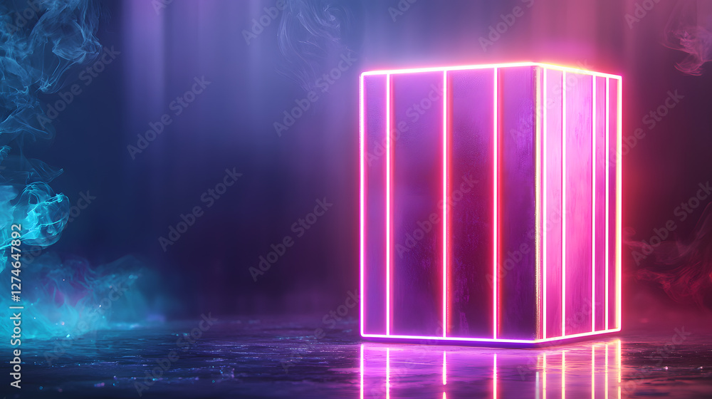 Poster illuminated neon cube digital space 3d render futuristic environment central perspective visual art 