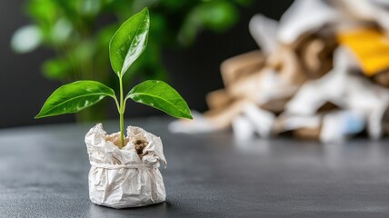 Seedling growing from paper wrapping, symbolizing recycling and environmental sustainability