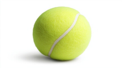 a close up of 3 d new sphere  tennis ball in yellow color small, spherical object covered in a fuzzy felt material with a curved white seam running along its surface isolated on white background