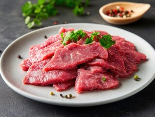 Delicious and nutritious raw beef cut into slices, perfect for creating a variety of savory meals.