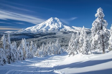 Obraz premium A mountain peak covered in fresh snow, with a panoramic view of the surrounding range and clear blue skies.