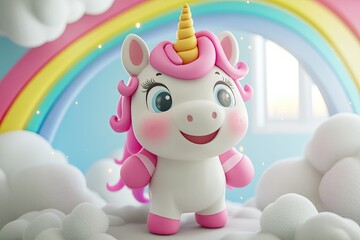A delightful 3D unicorn with wings, accompanied by a colorful rainbow background