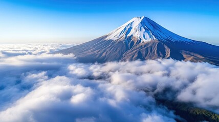Majestic snow-capped mountain peak surrounded by clouds, with clear blue sky