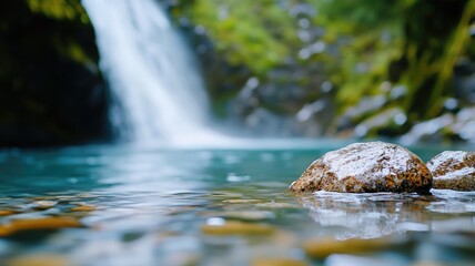 Serene waterfall flowing into clear, tranquil pool surrounded by rocks and greenery