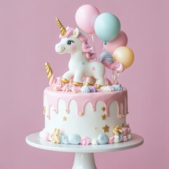Unicorn birthday cake with unicorn and colorful balloons on pink background