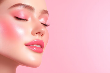 Fototapeta premium Cosmetic application event beauty studio portrait photography soft pink background close-up natural radiance concept