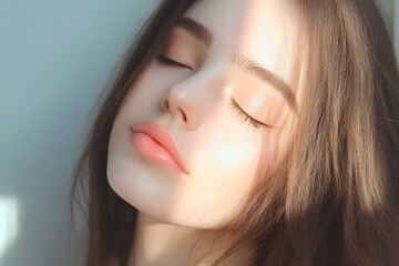 Obraz premium Serene portrait of a young woman indoor setting photography soft lighting close-up beauty concept