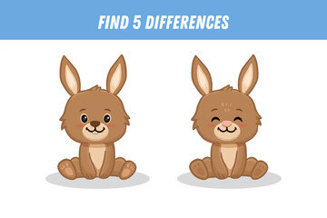Find 5 differences between two pictures of cute cartoon bunny isolated on white background. Rabbit in flat style. Funny animal. Activity page. Vector illustration.