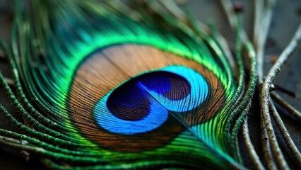 Obraz premium A close-up of vibrant peacock feathers with striking blue, green, and brown hues.