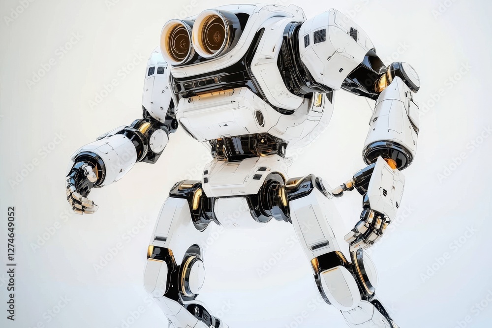 Poster robotic figure in dynamic pose showcasing advanced technology and design features