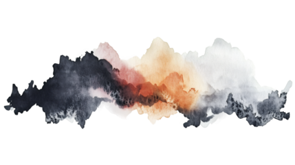 Watercolor stain creating abstract skyscape, blending orange, brown, black, white hues against translucent backdrop