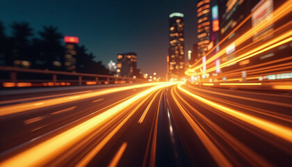 Naklejka premium An image of a city street at night, with the lights blurred by the speed of the cars