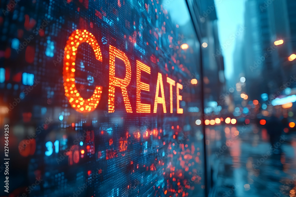 Poster digital sign displaying create in a city street. possible use in advertisement, technology, or desig