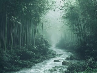 Obraz premium A misty bamboo forest with a small river
