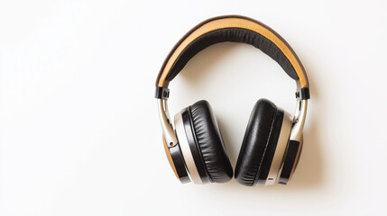 a close up of  mixed gold and black wireless headphones to listen podcast isolated on a white background