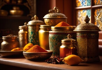 close view colorful exotic spices decorative containers showcasing diverse textures patterns culinary art inspiration, aroma, artisan, beautiful, bottle