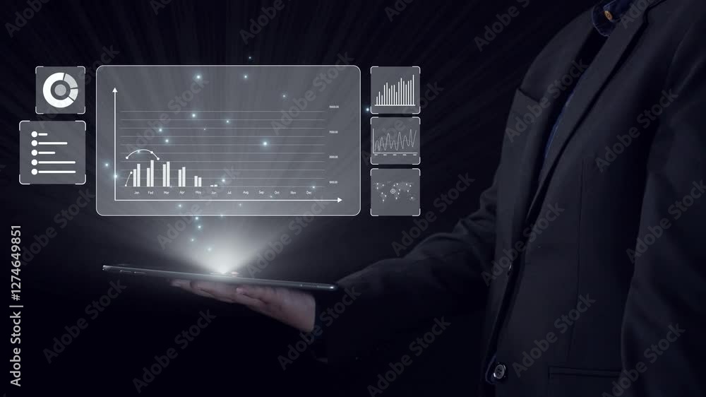Poster business person delve into data analytics to uncover trends and insights from predictive big data mo