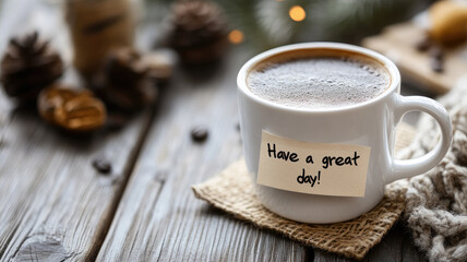 Warm cup of coffee with "Have great day!" message on wooden table