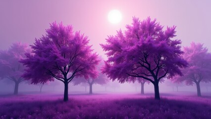 Obraz premium A serene landscape with purple trees under a bright sun, creating a mystical and tranquil atmosphere.