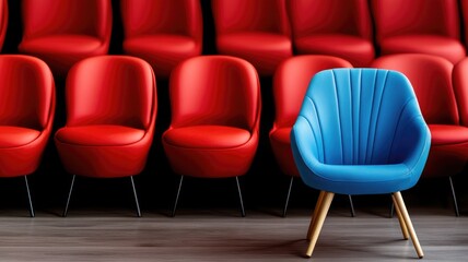 Obraz premium Blue chair stands out among red chairs, concept of uniqueness