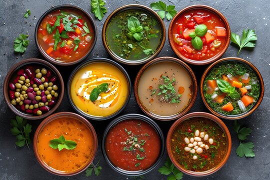 An artistic portrayal of various hearty vegetable soups, rich in texture