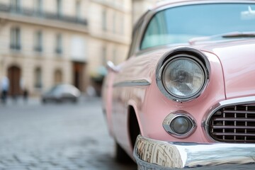 Classic pink car parked on cobblestone street, exuding vintage c