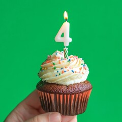Birthday cupcake with number 4 candle on green background, celebration concept