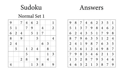 Sudoku Puzzle 9x9 Set 1 Normal with Answers, Fun Brain Training Game for Kids, Teens and Adults, Vector	