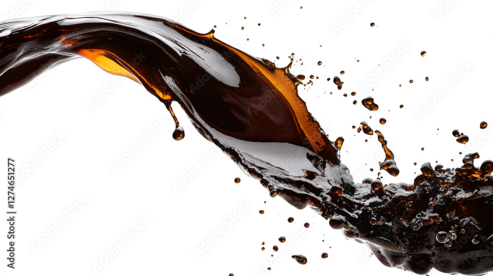 Poster Foaming brown liquid wave crashing against transparent backdrop, capturing dynamic motion of splashing beverage