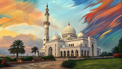 Grand mosque with stunning architecture against a colorful sunset sky