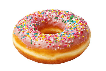 A delightful pink frosted donut sprinkled with colorful toppings on a bright background isolated on transparent background