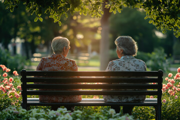 Rear view of two senior Caucasian women sitting on park bench enjoying retirement