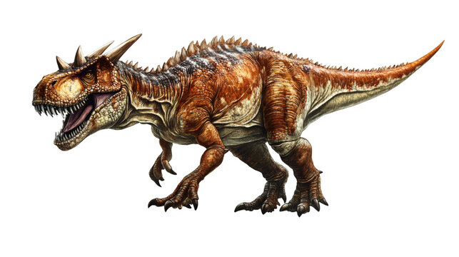 Majungasaurus crenatissimus displaying aggressive posture, revealing sharp teeth and menacing claws against transparent backdrop