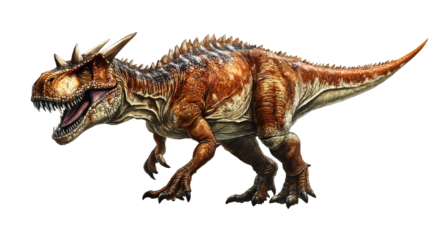 Majungasaurus crenatissimus displaying aggressive posture, revealing sharp teeth and menacing claws against transparent backdrop