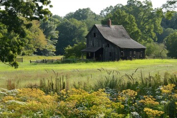 Old wooden barn stands amidst lush greenery and wildflowers in a peaceful countryside in the early morning light