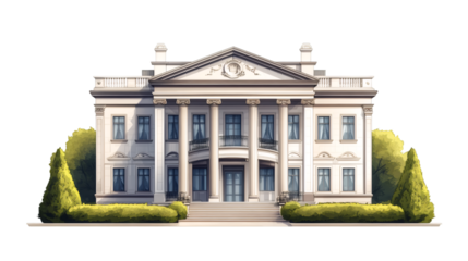 Elegant white mansion with columns, balcony and bushes, isolated on transparent background, perfect for architectural visualizations or design projects