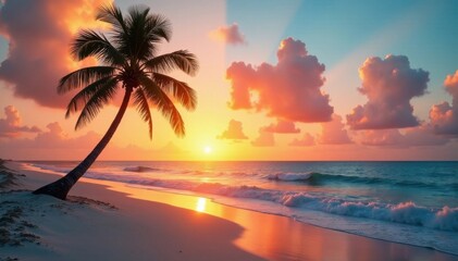 A beachside palm tree stands alone on the shore of a tropical ocean at sunset with a warm glow, peaceful scene, sand, ocean
