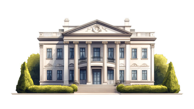 Elegant white mansion with columns, balcony and bushes, isolated on transparent background, perfect for architectural visualizations or design projects