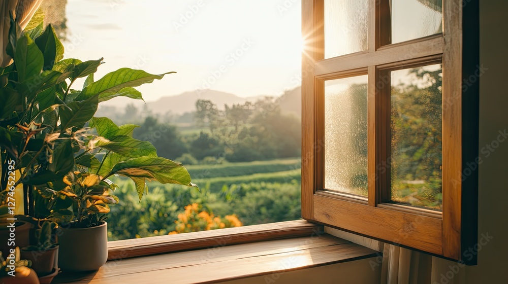 Poster sunlight streams through an open window, illuminating lush green