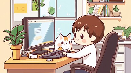 Fototapeta premium A digital illustration of a cute anime character working on a computer with a cat nearby, creating a cozy and creative work-from-home setting. 