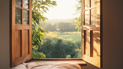 Sunlight filters through open wooden windows, revealing lush gre
