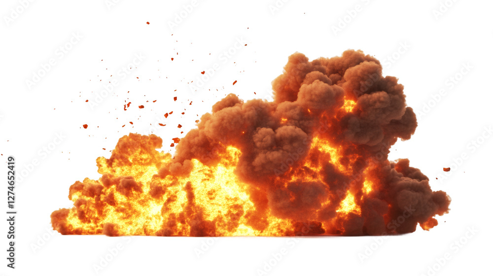 Poster Huge fire explosion creating a large cloud of smoke, isolated on transparent background, ideal for visual effects and motion design