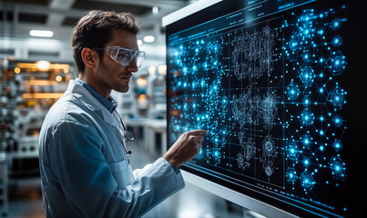 Scientist Analyzing Data on Advanced Digital Interface in a Futuristic Laboratory Setting