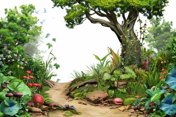 Lush forest path surrounded by vibrant flora and fauna during a sunny day in a tranquil natural setting