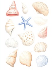 Colorful collection of seashells and starfish showcasing ocean b